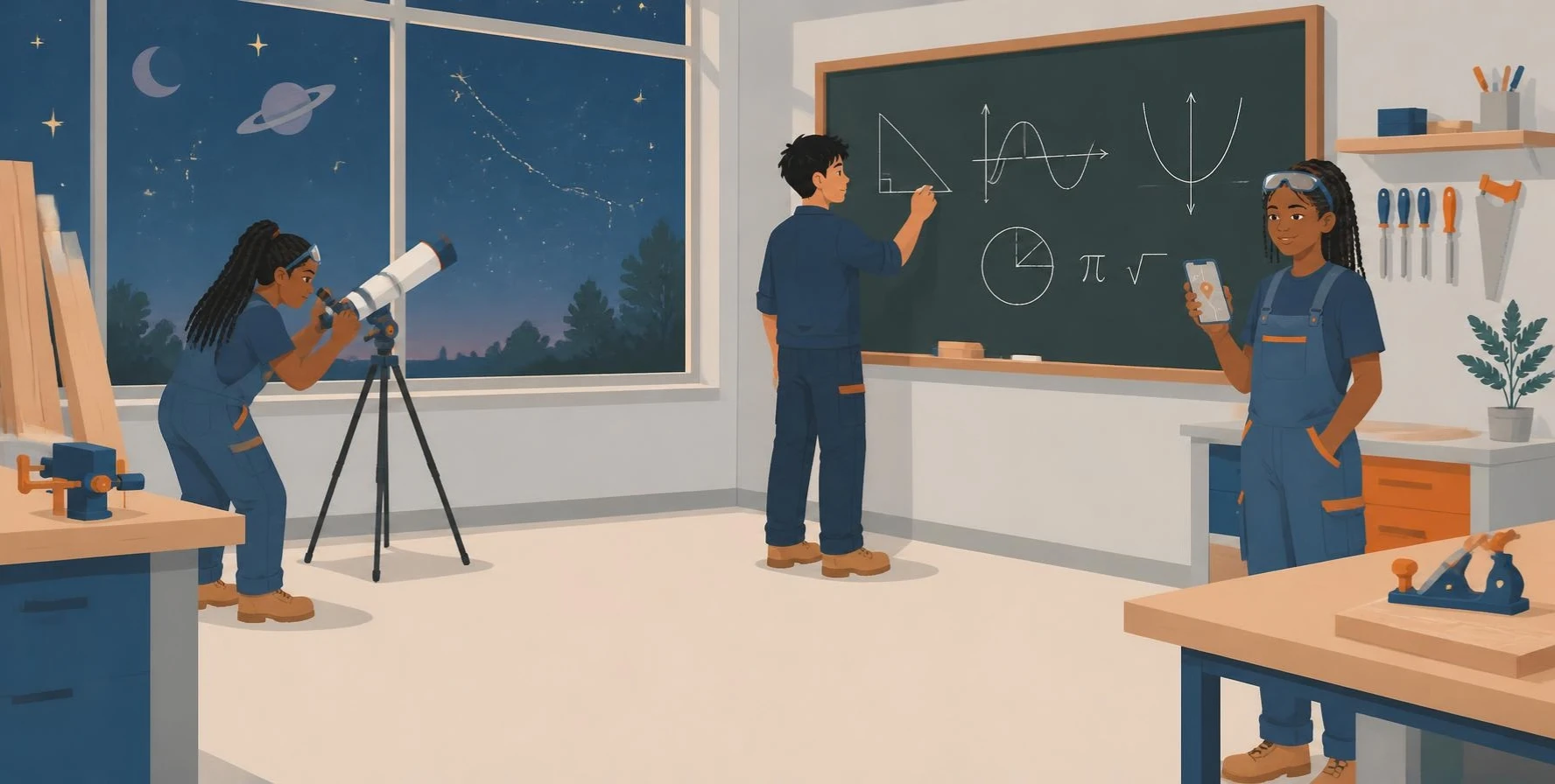 Dessin : trois élèves en tenue d’atelier ; l’une observe le ciel étoilé au télescope, un autre trace des courbes au tableau.