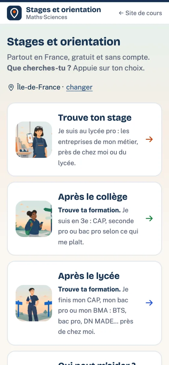 L’accueil des outils Stages et orientation sur un téléphone
